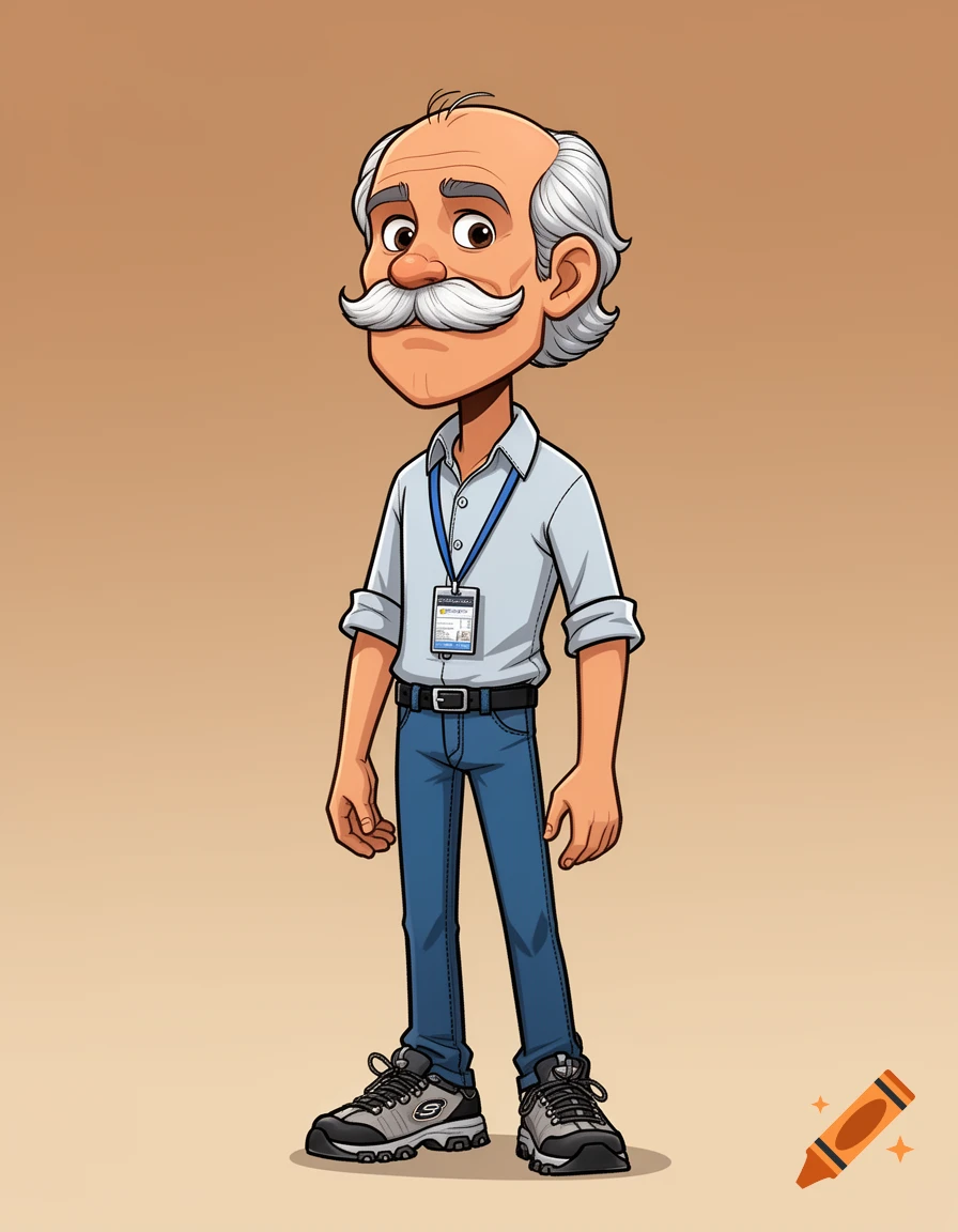 Cartoon man with a thick white mustache and grey thinning hair, wearing a light blue button-down shirt, jeans, Sketchers, and a lanyard.