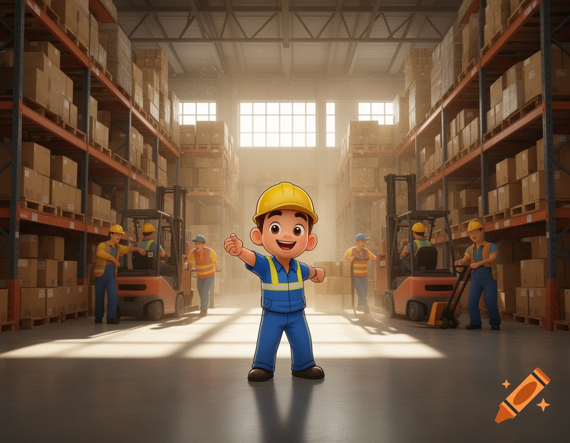 A smiling cartoon boy in a hard hat and work uniform gives a thumbs-up in a large, bustling warehouse with other workers and forklifts.