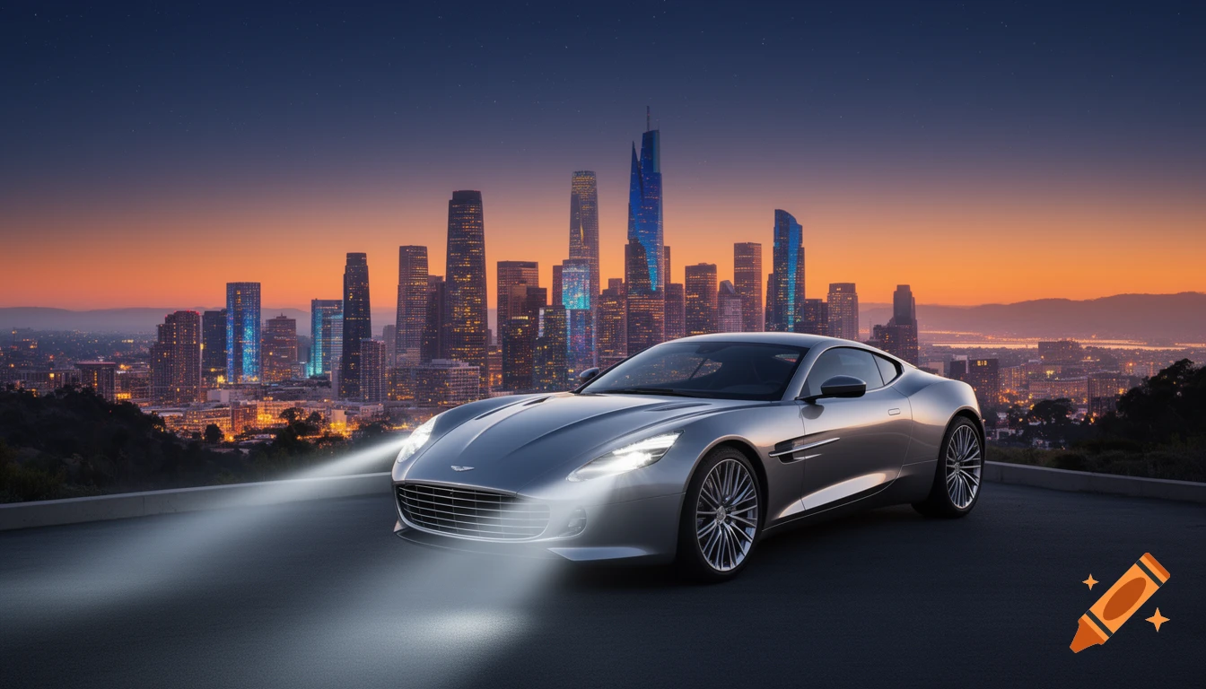 A silver sports car with headlights on, parked overlooking a city skyline at sunset.