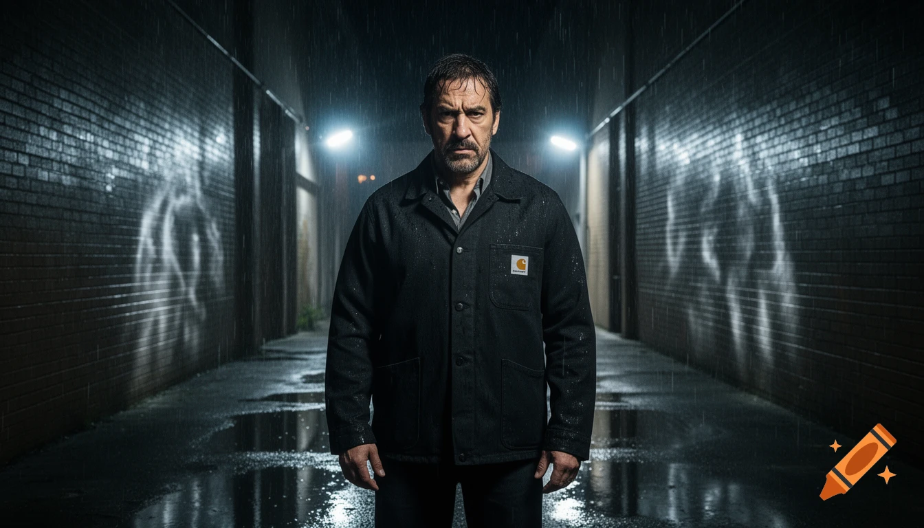 Javier Bardem as a rugged detective in a black jacket, standing in a rainy, dark alley lit by streetlights. Cinematic, gritty style.