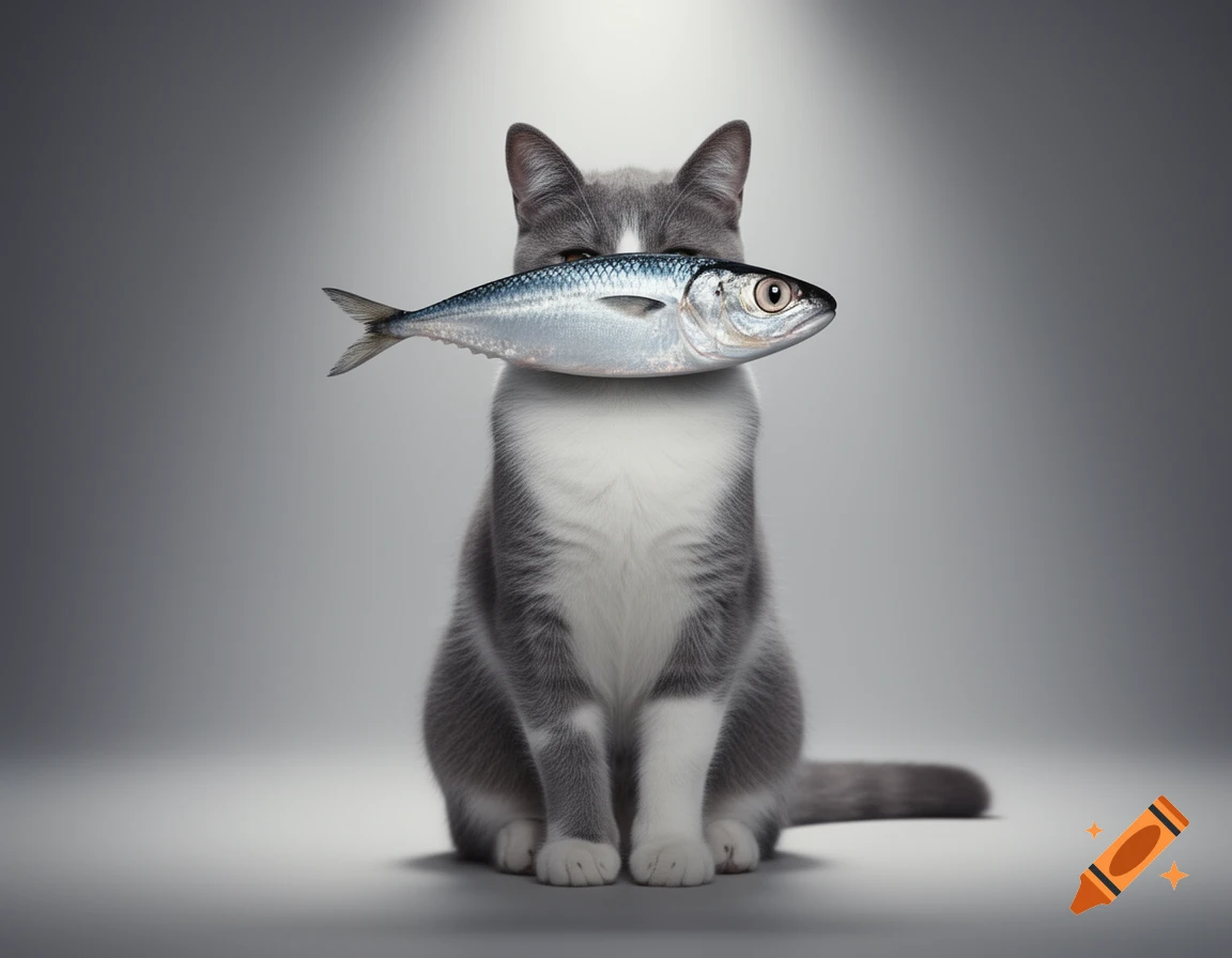 A photorealistic grey and white cat sitting under a spotlight, with a silver herring replacing its head.