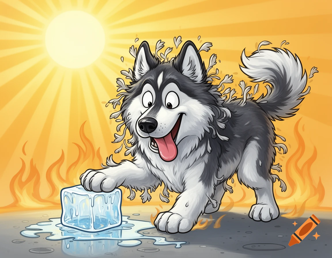 A cartoon Siberian husky sweats profusely with steam rising, melting an ice cube with its paw, under a hot sun with flames.