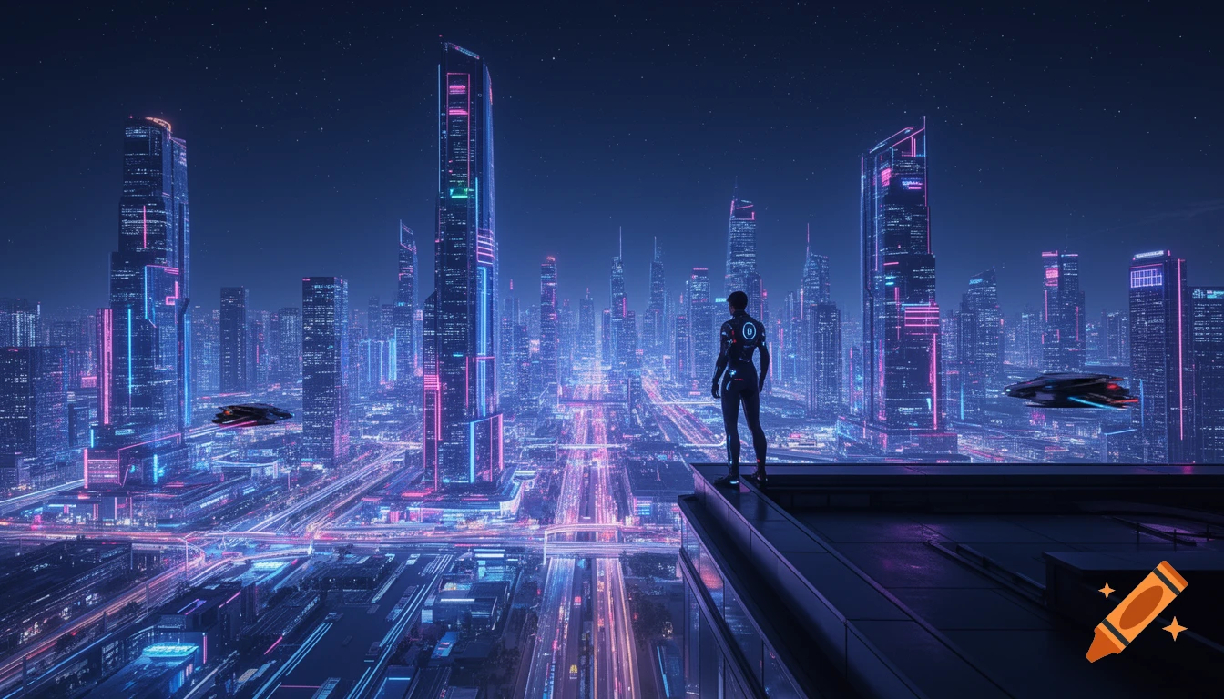 A person stands on a futuristic city rooftop at night, overlooking a skyline lit by vibrant neon blue and pink lights.