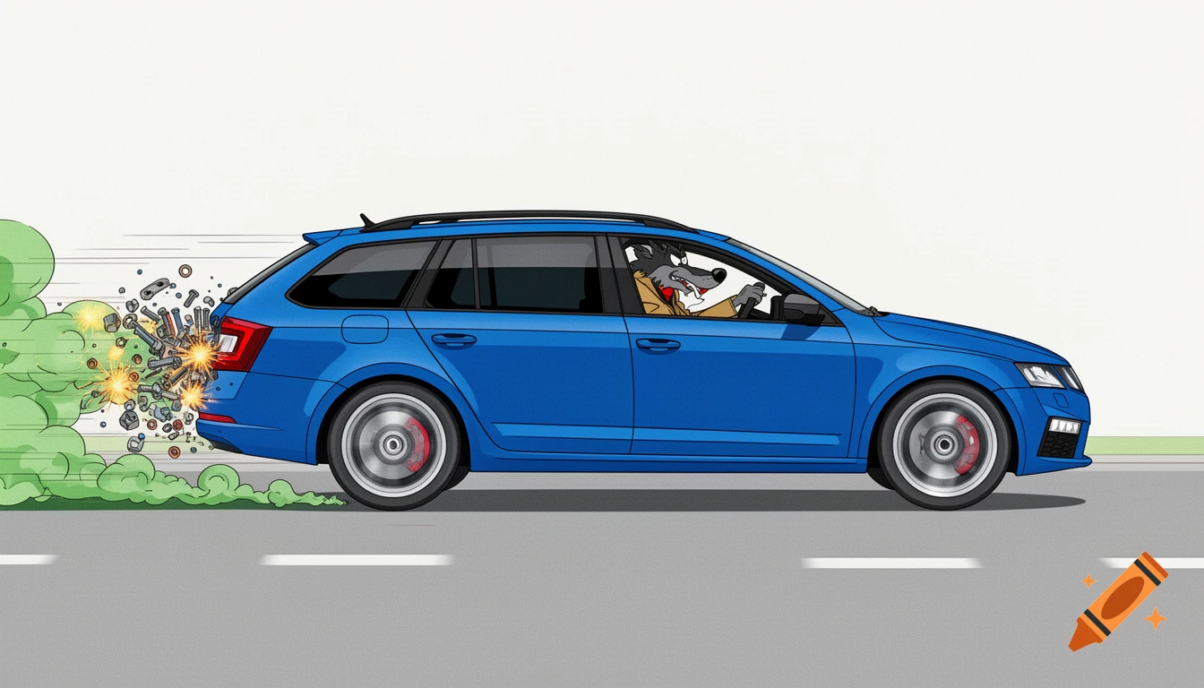 A cartoon wolf from 'Nu, Pogodi!' drives a blue Skoda Octavia wagon, speeding with parts and green smoke trailing, vector art.