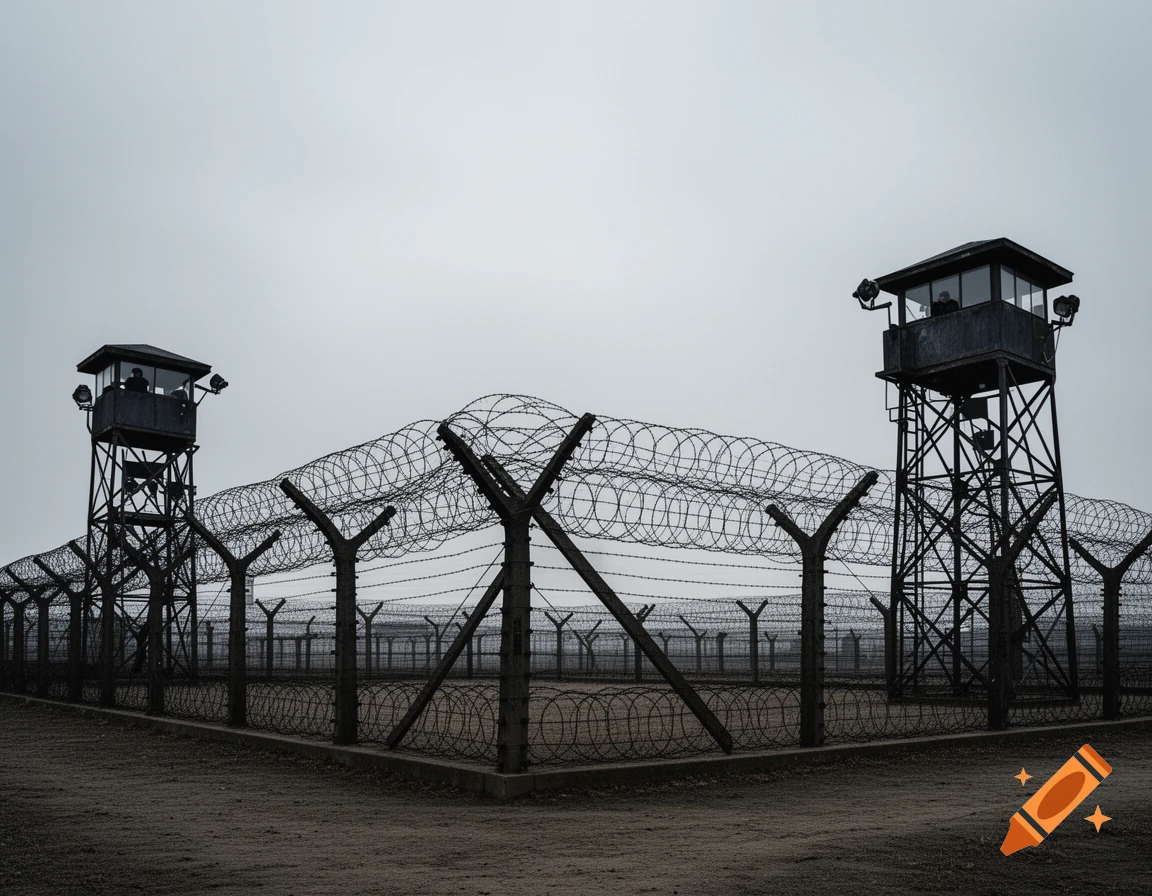 Photorealistic view of a desolate camp with barbed wire fences and two watchtowers under a cloudy sky.