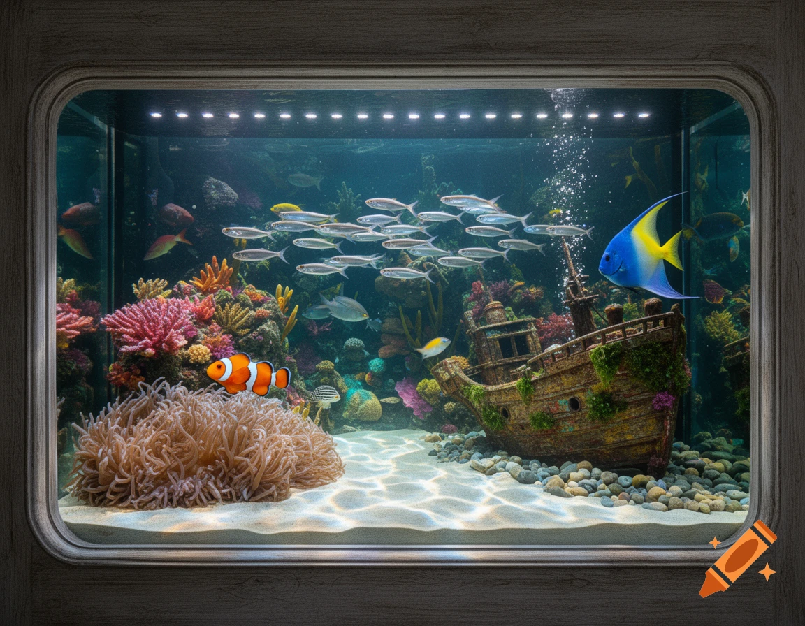 Vibrant aquarium with diverse fish, including a clownfish and angelfish, colorful coral, and a sunken shipwreck.