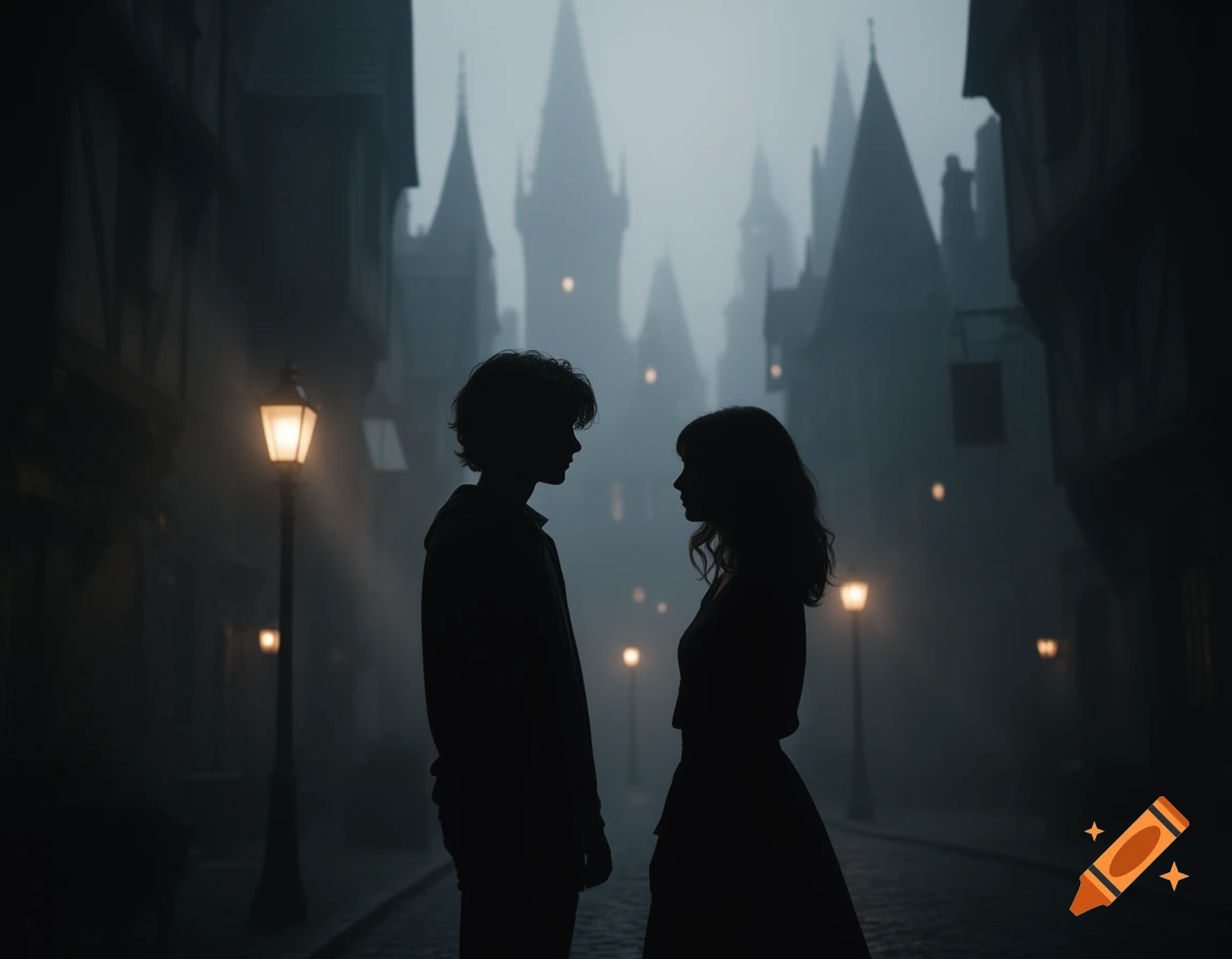 Silhouettes of a young boy and girl facing each other on a dark, foggy street with glowing lamps and gothic buildings.