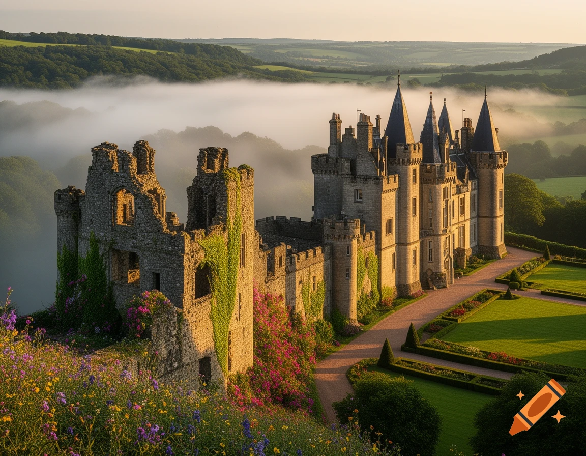 Photorealistic view of a grand castle and ancient ruins amidst wildflowers, mist, and green valleys at sunrise.