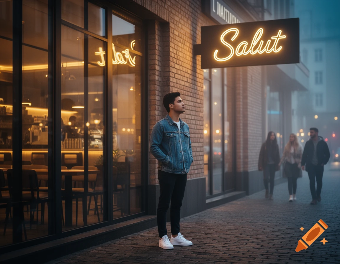 A young man in a denim jacket stands on a misty city street at night, looking up at a neon 'Salut' sign above a brick building.