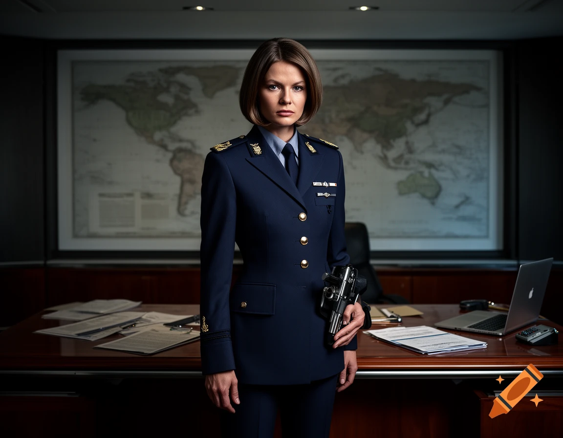 A woman with a determined expression in a dark blue military uniform stands in an office with a world map behind her.