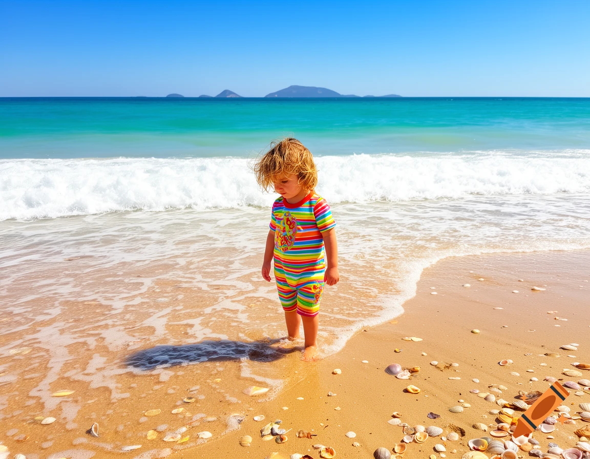 A young child in a colorful striped swimsuit stands at the edge of the ocean on a sandy beach filled with seashells under a clear blue sky.