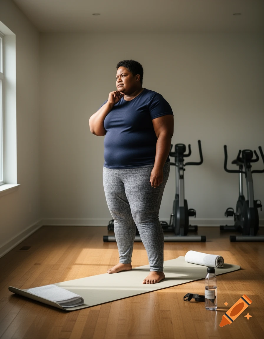 A plus-size person stands pensive on a yoga mat in a gym with exercise bikes.