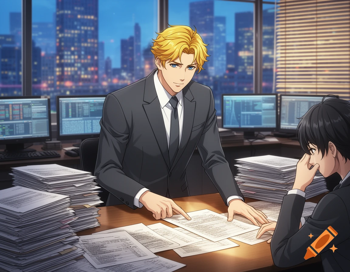 Two anime-style men in suits discussing documents at a desk overflowing with papers in an office overlooking a city.