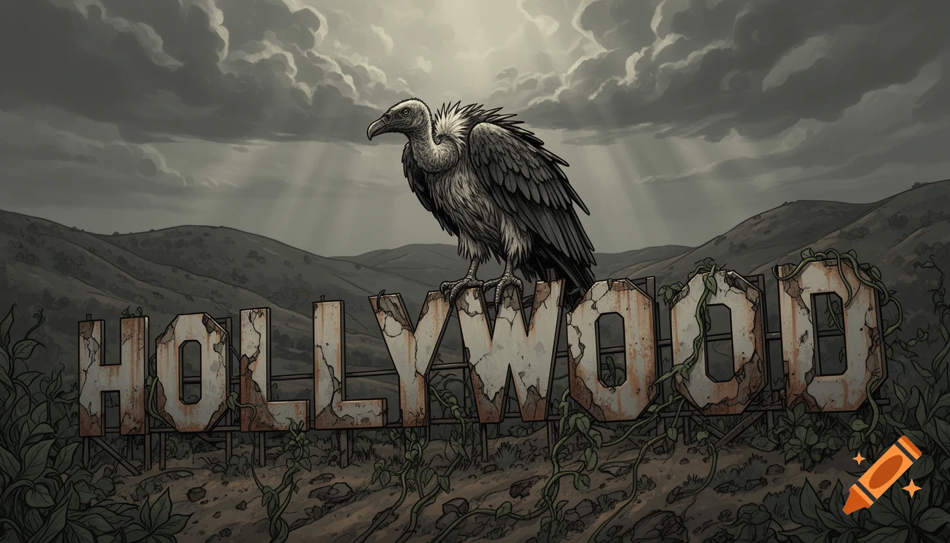 A vulture perched on a decaying Hollywood sign under a gloomy, cloudy sky, in a detailed illustration.