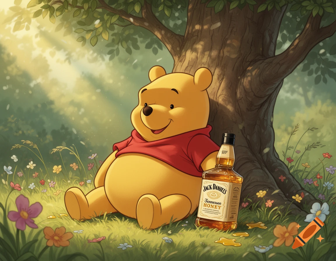 Winnie the Pooh sits under a sunlit tree with a bottle of Jack Daniel's Honey and spilled honey in a cartoon forest.