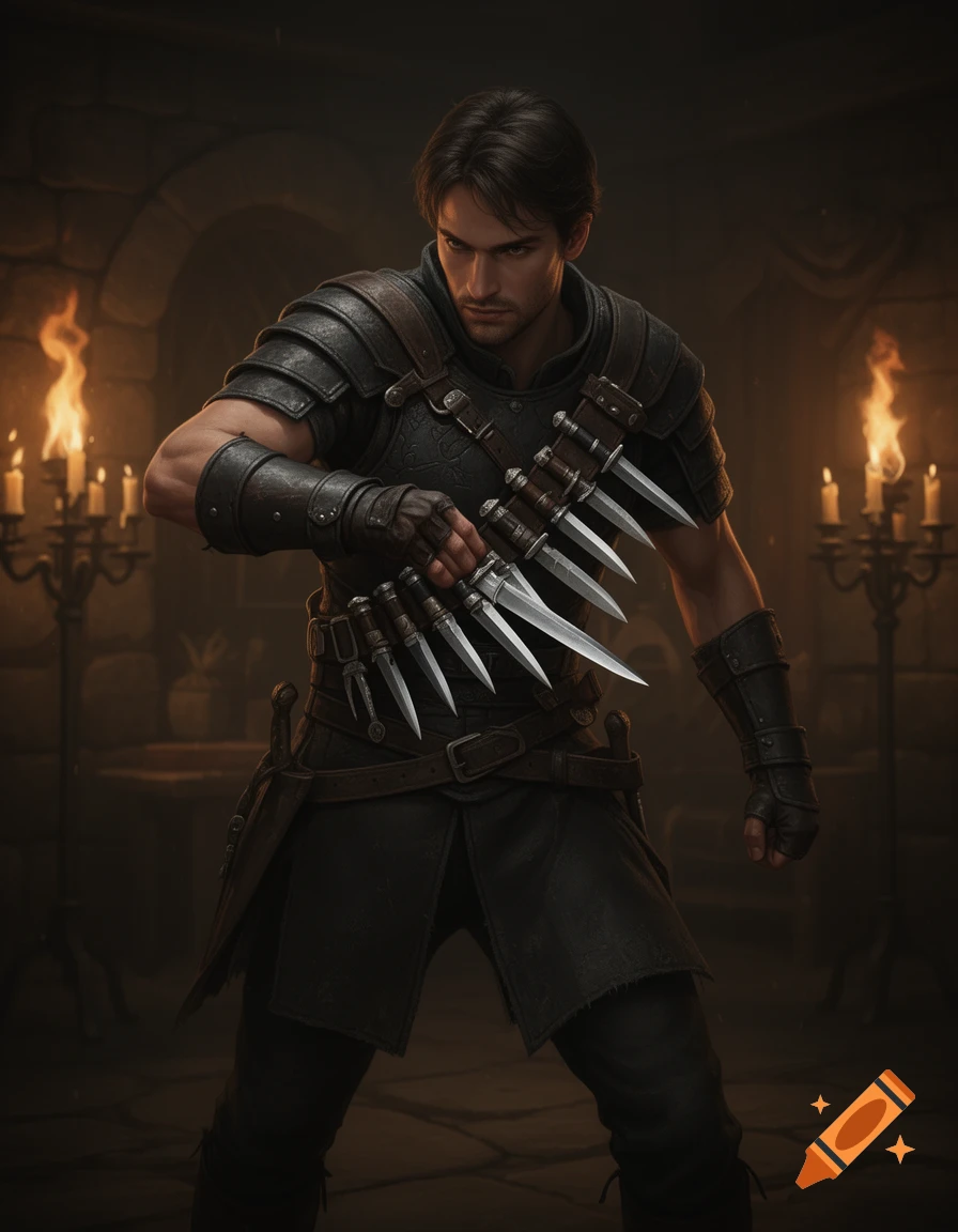 A male fantasy rogue in dark leather armor holds many daggers in a dimly lit dungeon with torches.
