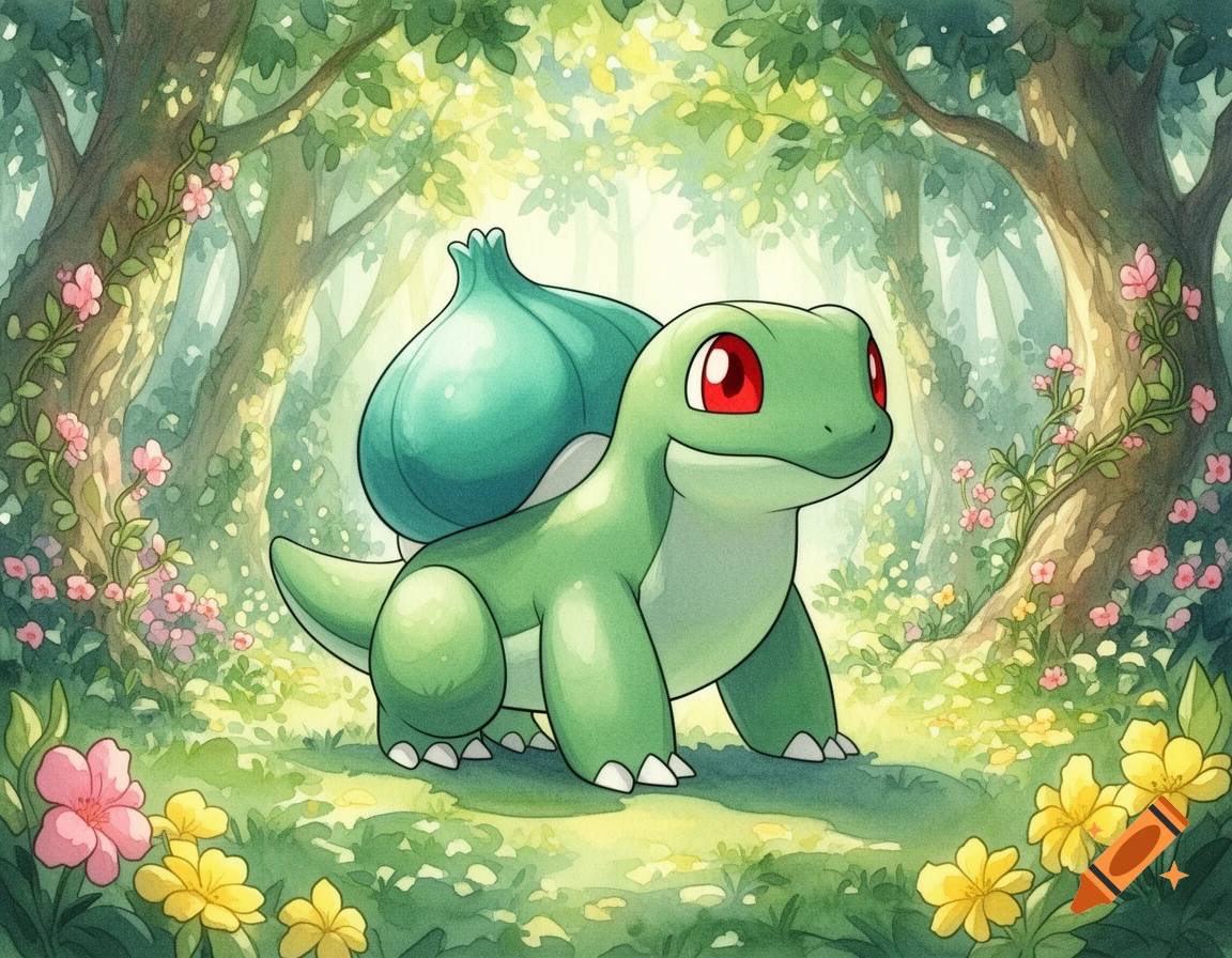 A green, reptile-like creature with a turquoise plant bulb on its back stands in a sunlit watercolor forest filled with flowers.