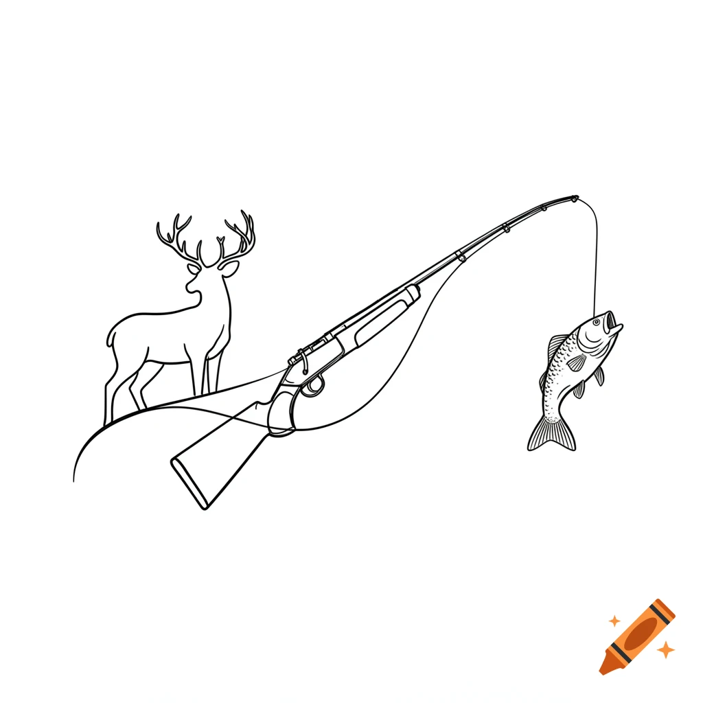 Simple black and white line drawing of a deer, a rifle, and a fish on a fishing rod.