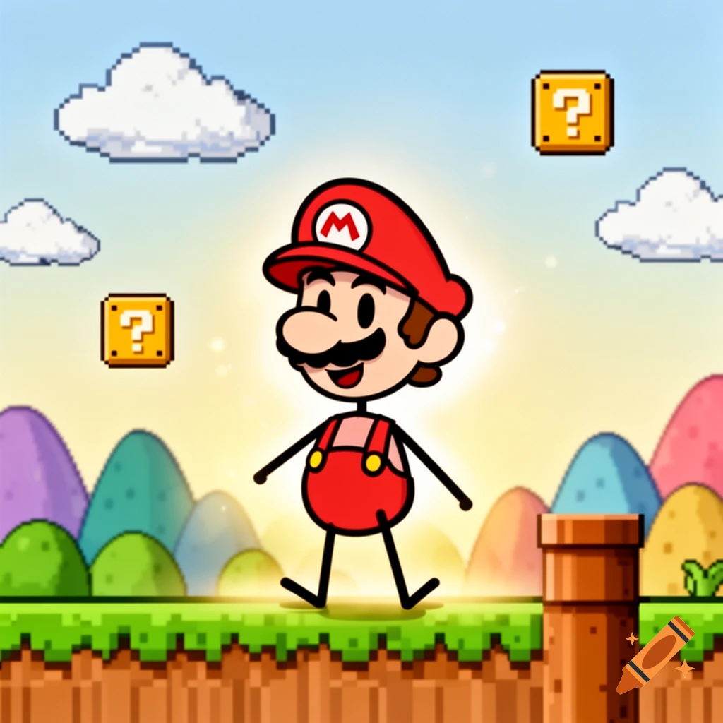A cartoon stick-figure Mario walks through a pixelated Super Mario-style landscape with question blocks and pipes.