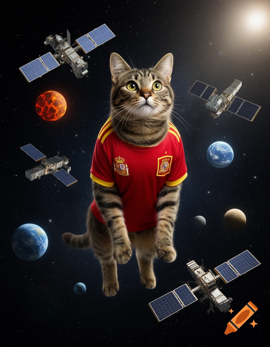 A photorealistic tabby cat wearing a red and yellow Spain football jersey floats in space among planets and satellites.