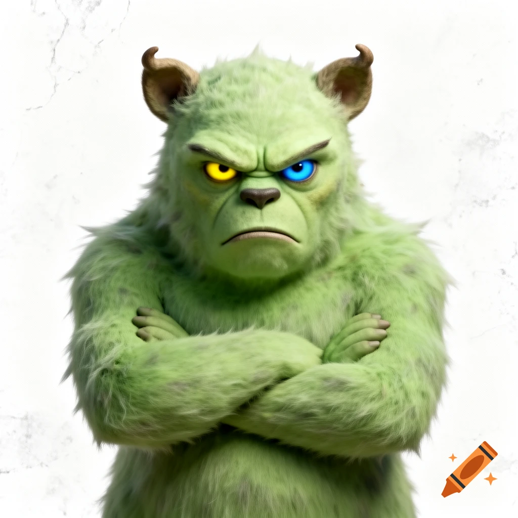 A furry, light green monster with bear-like ears and an angry expression, arms crossed. One eye has a yellow pupil, the other is blue, against a white background.