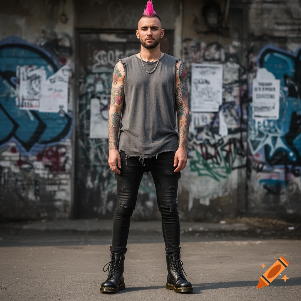 A man with a pink mohawk, tattoos, ripped sleeveless shirt, black ripped jeans, and Dr. Martens boots stands against a graffiti wall.