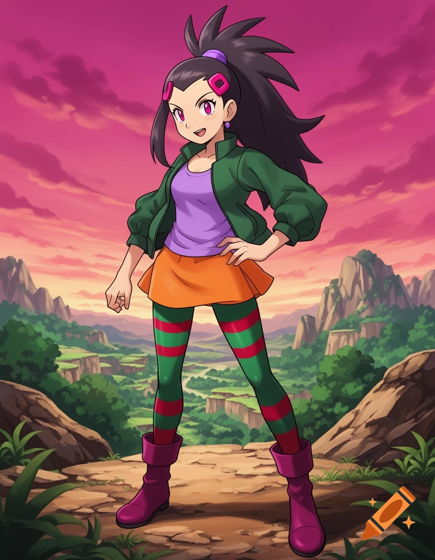 Anime female Pokemon trainer in a green jacket, orange skirt, and striped leggings stands on a rocky path overlooking a valley at sunset.