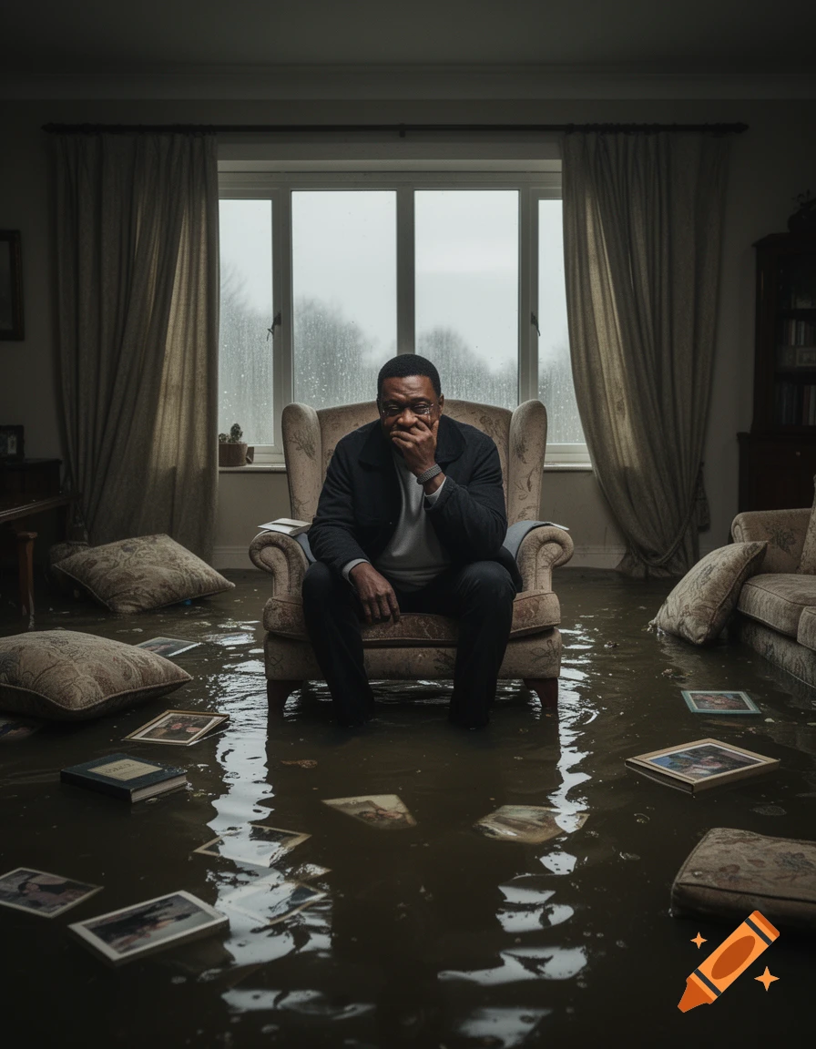 A man resembling Lenny Henry sits in an armchair in a dim, flooded living room, covering his mouth with a distressed expression. Pillows and books float in the murky water.