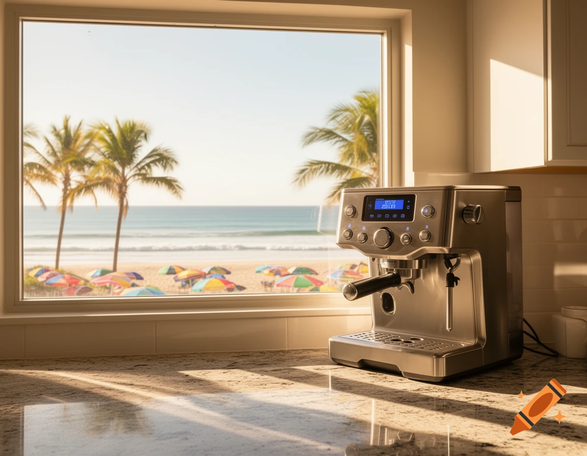 A silver coffee machine sits on a kitchen counter, looking out a window at a sunny beach with palm trees and colorful umbrellas.