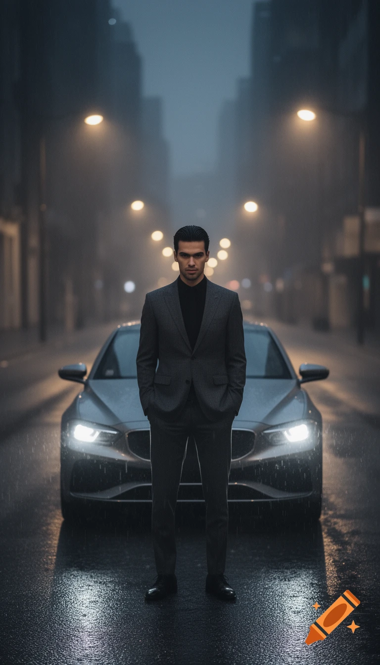 A man in a dark suit stands in front of a modern car on a rainy city street at night, with glowing streetlights.