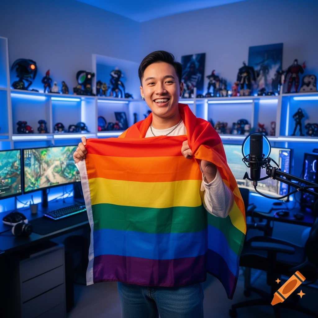 A smiling young man holding a rainbow flag stands in a blue-lit gaming room with monitors and collectible figures.