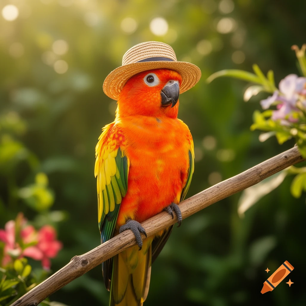 A vibrant orange and yellow parrot wearing a small straw hat perches on a branch in a lush, sunlit garden.