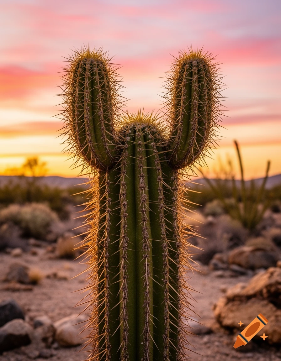 Close-up of a spiky saguaro cactus against a vibrant pink and orange sunset sky in a desert.