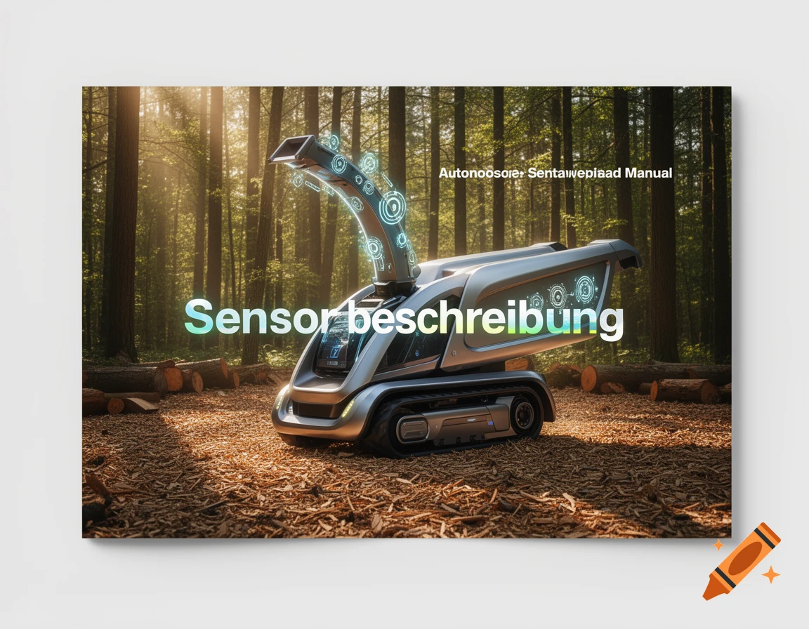 A futuristic silver and black tracked robot with glowing blue sensors in a sunlit forest, with text overlay 'Sensorbeschreibung' and 'Autonoosoie Sentawepiiaad Manual' on it.
