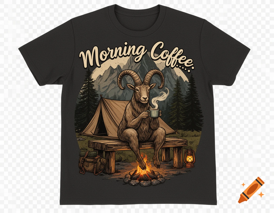 Illustration on a black t-shirt of a goat drinking coffee by a campfire, with a tent and mountains, and "Morning Coffee" text.