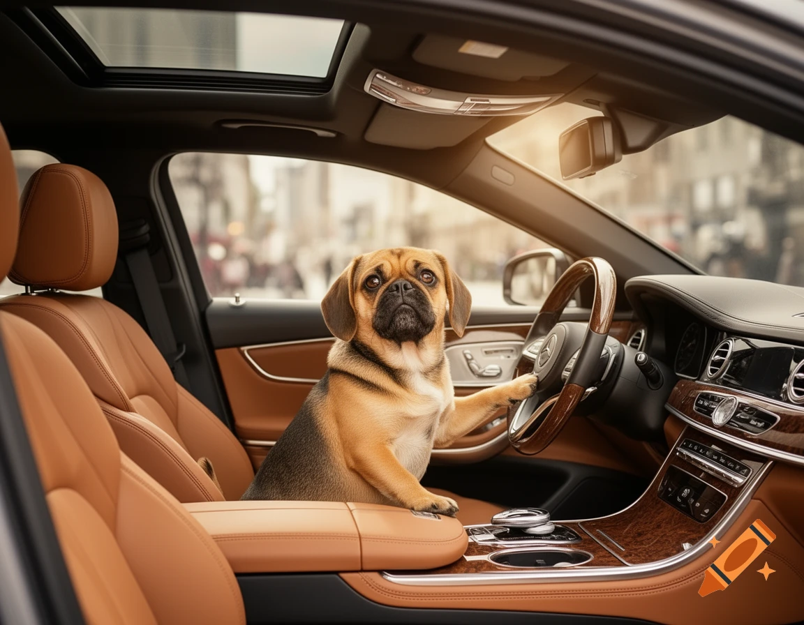 A photorealistic puggle dog sits in the driver's seat of a luxury car with tan leather interior, looking forward.