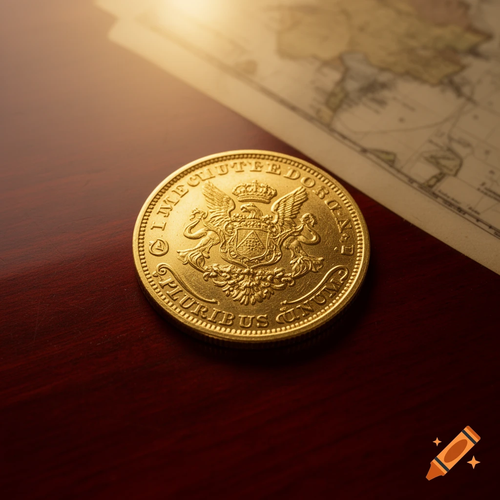 A detailed gold coin with an intricate crest and "PLURIBUS UNUM" rests on a dark wooden surface next to a vintage map.