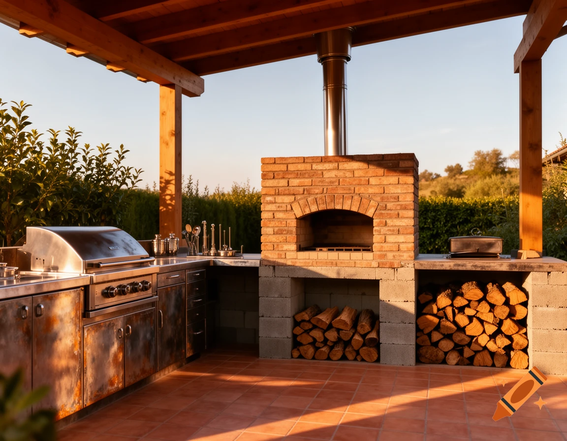 Photorealistic outdoor kitchen with stainless steel grill, brick pizza oven, and stacked firewood under a wooden pergola at sunset.