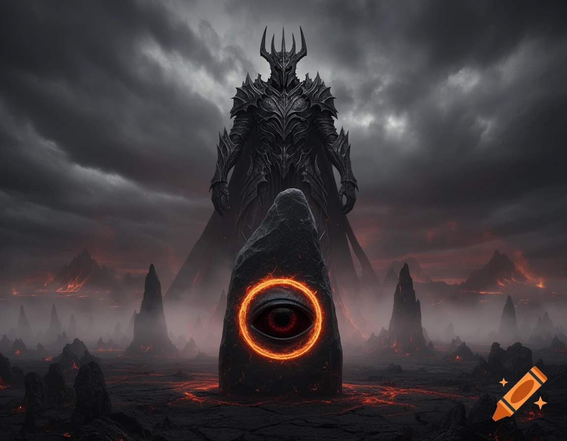 A dark armored lord stands over a fiery, desolate landscape with a glowing eye on a rock.