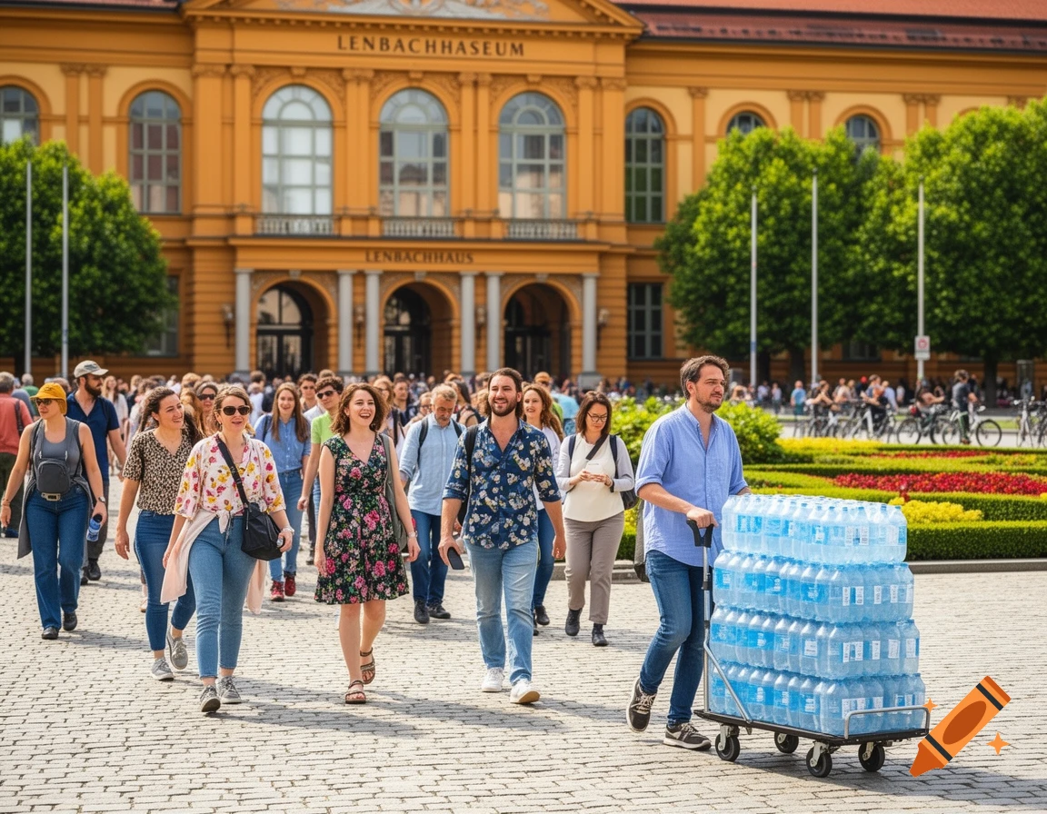 A crowd of tourists walk on a paved square in front of the ornate yellow Lenbachhaus building, as a man pushes a cart filled with water bottles.