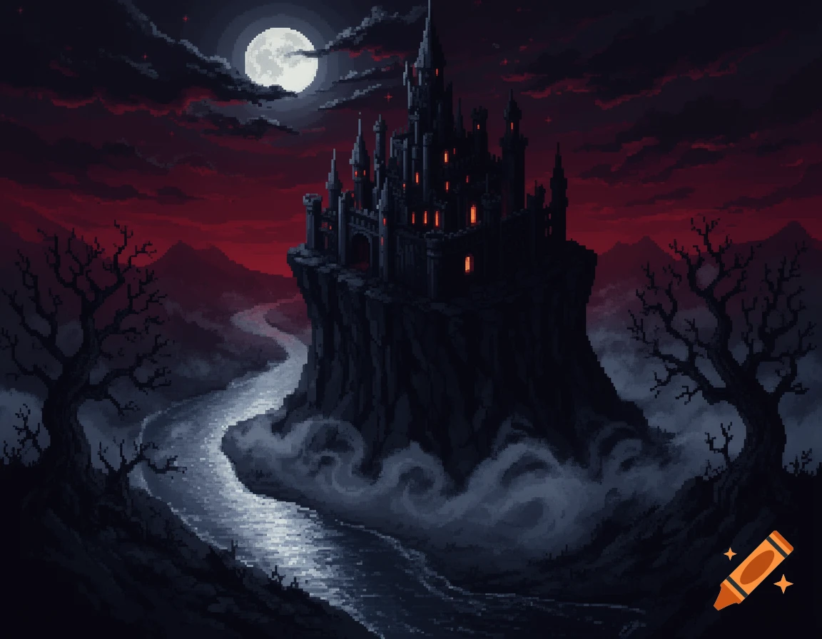 Dark fantasy pixel art isometric of a castle on a cliff with a full moon, red sky, and river below, flanked by bare trees.
