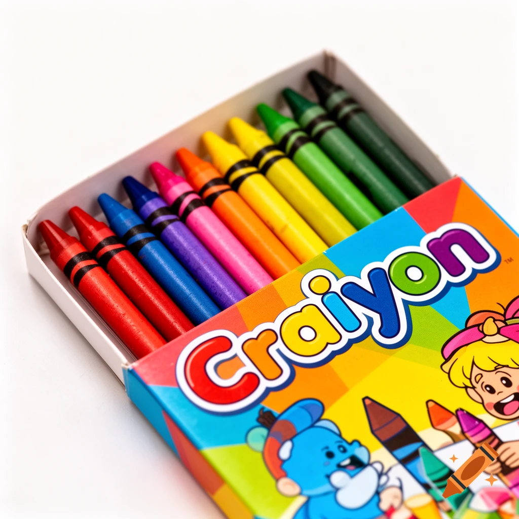 A close-up, high-angle view of a white box filled with rainbow-colored crayons. The box has 'Craiyon' printed on its side.