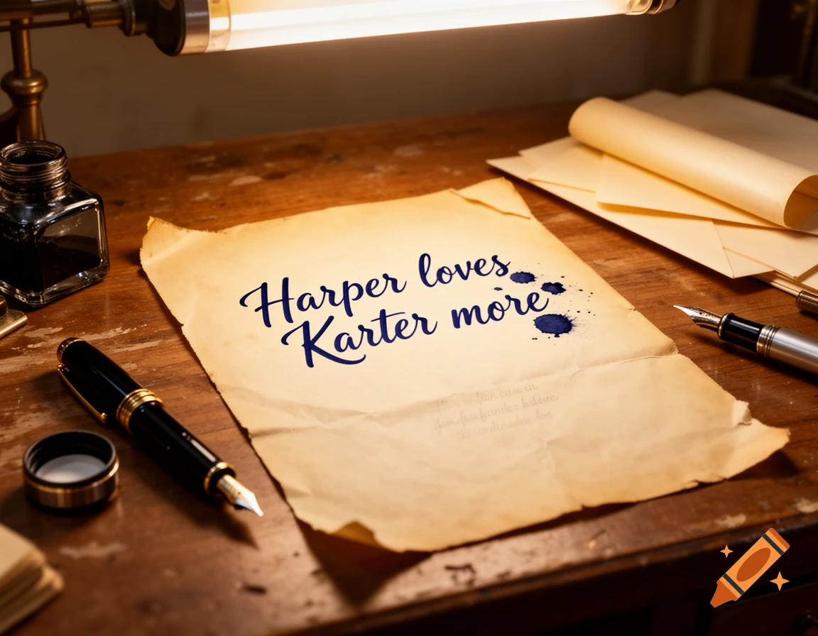 A vintage desk with an old document saying 'Harper loves Karter more', surrounded by an inkwell and fountain pens under a lamp.