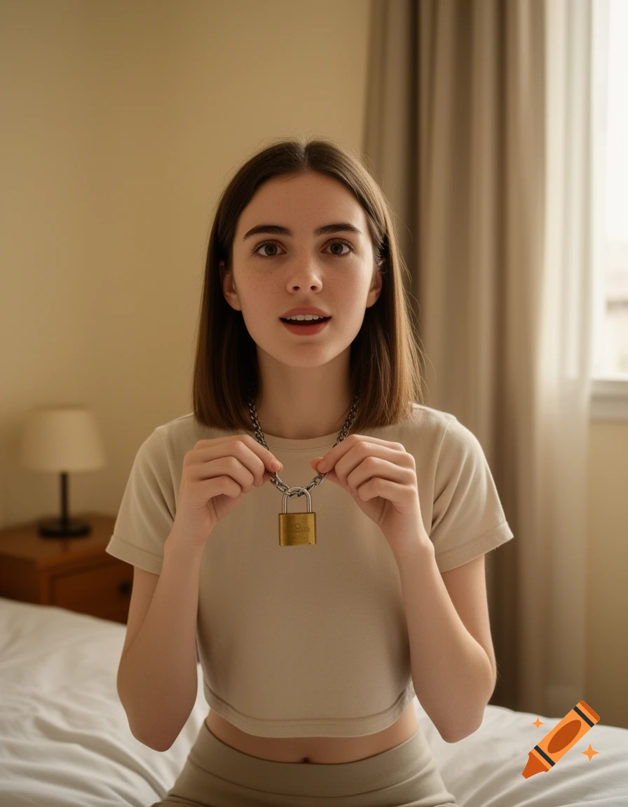 A young woman with brown hair holds up a padlock necklace, looking surprised in a hotel room.