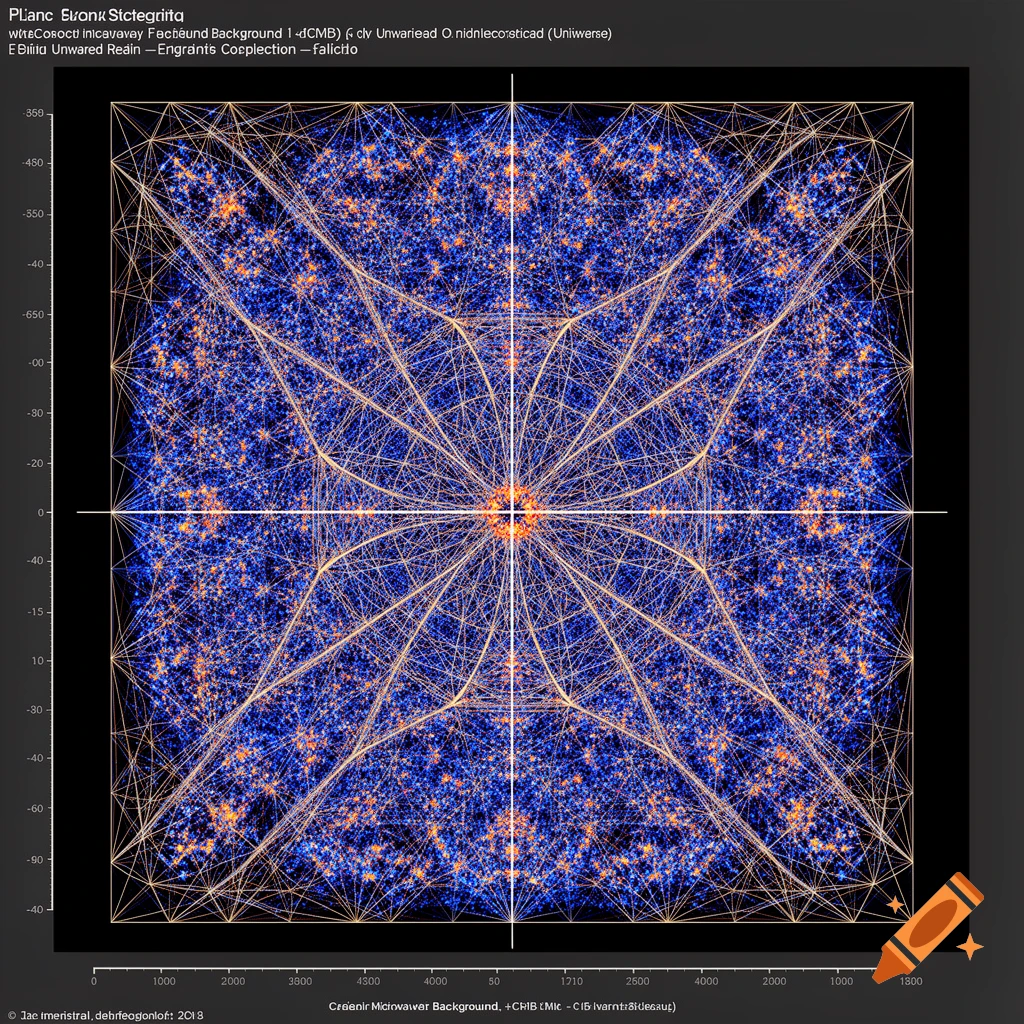 A highly detailed, hyper-symmetric 4D lattice pattern against a black background, with blue and orange temperature fluctuations forming a cosmic microwave background map in a scientific plotting style.