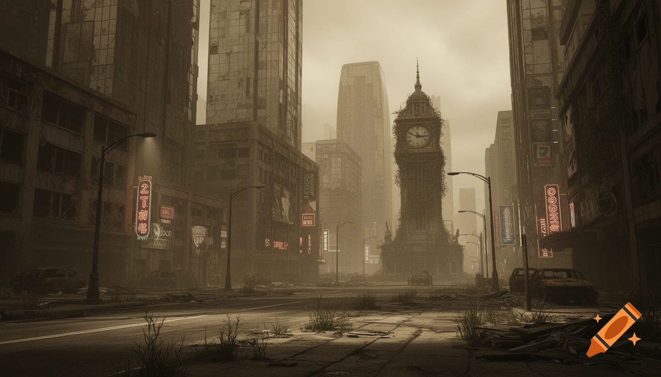 A sepia-toned dystopian city with ruined skyscrapers, abandoned cars, and an overgrown clock tower, under a somber sky.