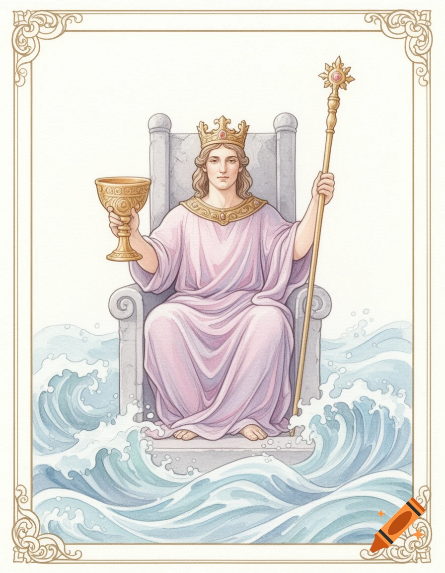 A pastel watercolor tarot card illustration of the King of Cups, a crowned figure on a stone throne in ocean waves, holding a golden cup and scepter, framed by an ornate gold border.