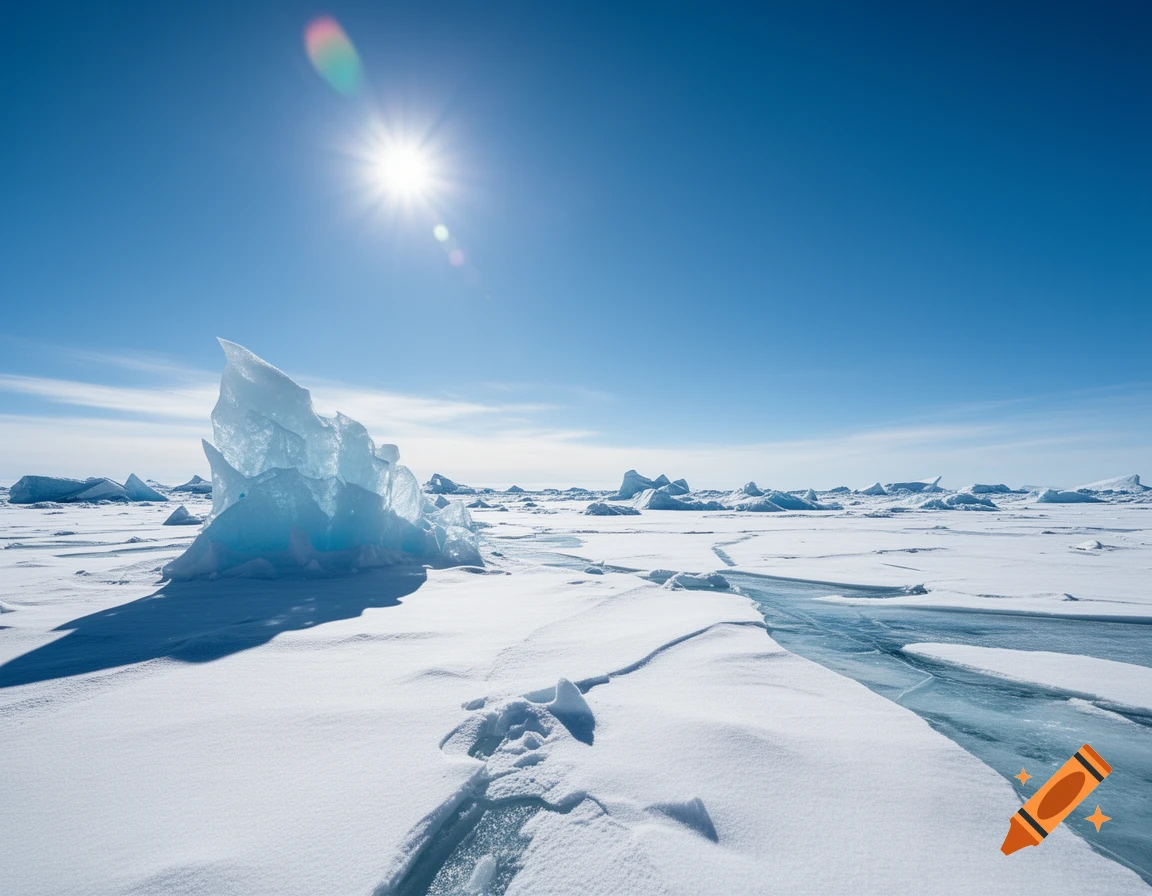 A bright sun shines over a vast, snow-covered arctic landscape with large, jagged blue ice formations under a clear blue sky.