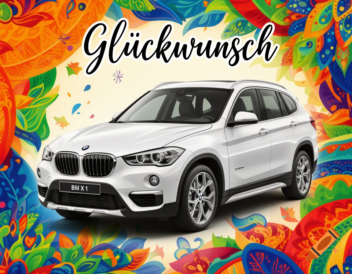A white BMW X1 car is centered against a vibrant, abstract background of colorful leaves and patterns, with "Glückwunsch" written at the top.