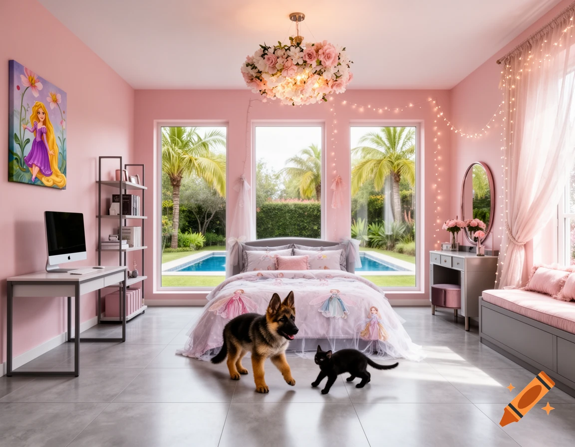 A pink and gray bedroom features a fairy-themed bed, a desk with a Mac, and a dressing table. A German Shepherd puppy and a black kitten play on the light gray tiled floor. Large windows overlook a garden with palm trees and a swimming pool.
